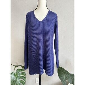 Eileen Fisher 100% Merino Wool Ribbed V-Neck Sweater L Purple Minimalist